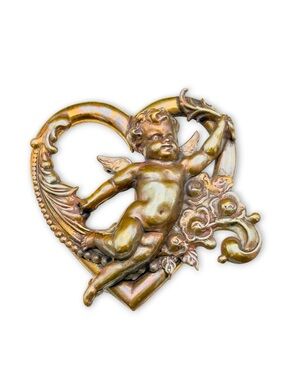 Vintage Large Art Deco Brass Heart & Cherub Brooch